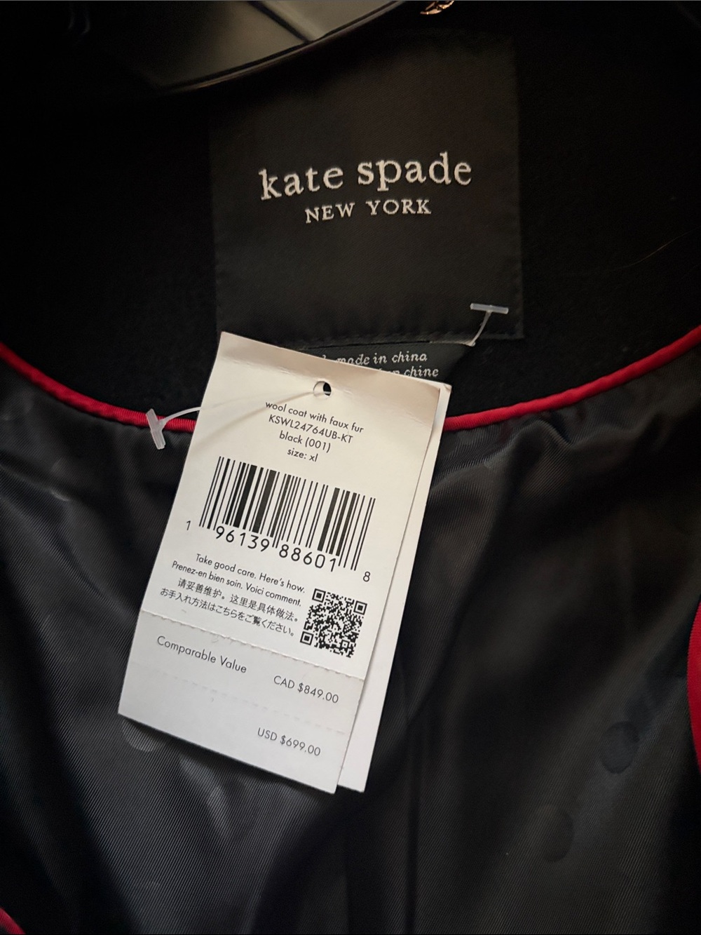 kate spade Black Wool Trench Coat with Faux Fur Collar - Picture 2 of 3